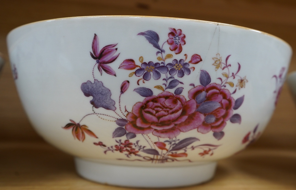 Three late 18th century Chinese porcelain bowls, largest 28.5cm diameter. Condition - poor